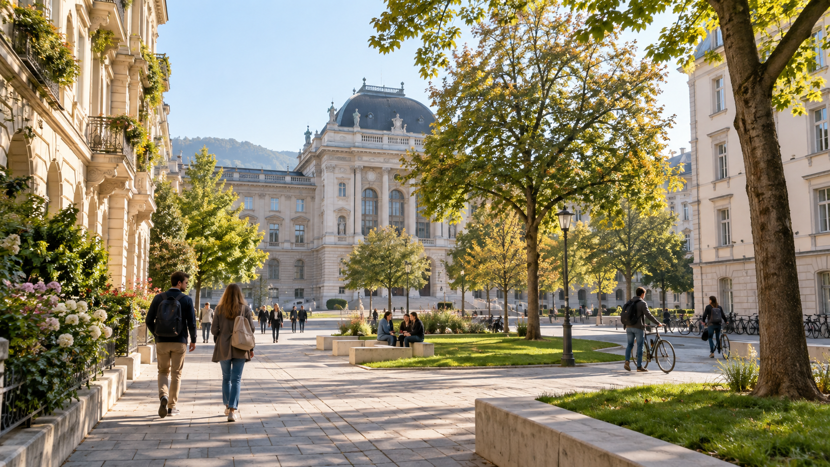 Grüner Platz bei einem Hochschulgebäude in einer österreichischen Stadt