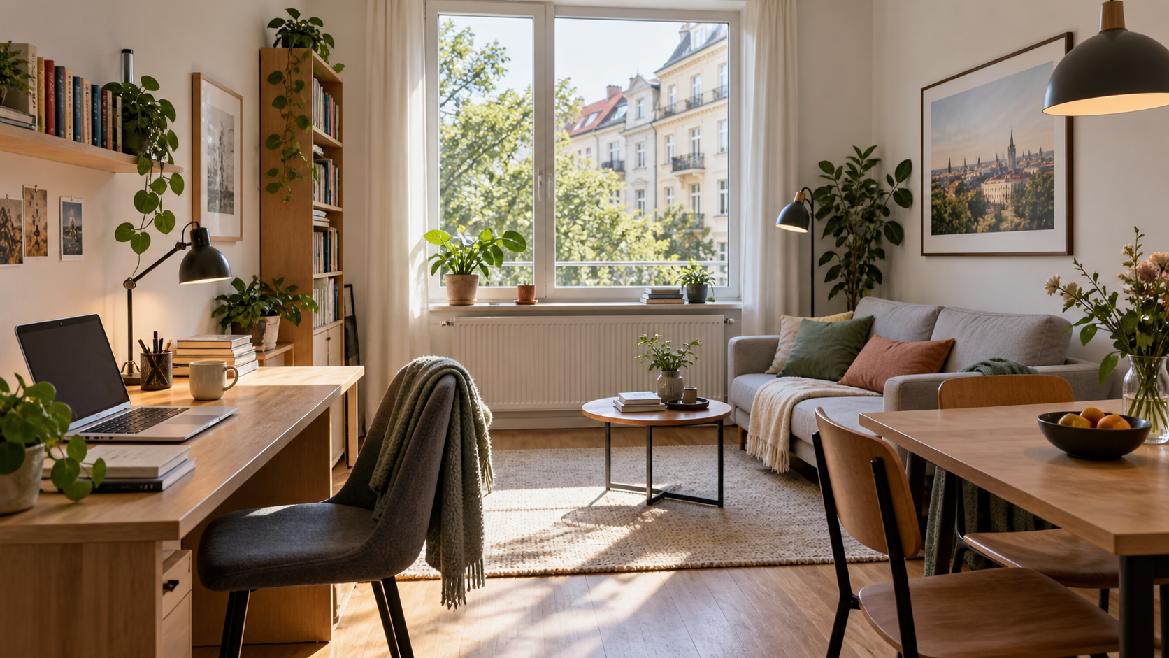 Kompakte helle Wohnung mit Schreibtisch, Sofa und Essplatz